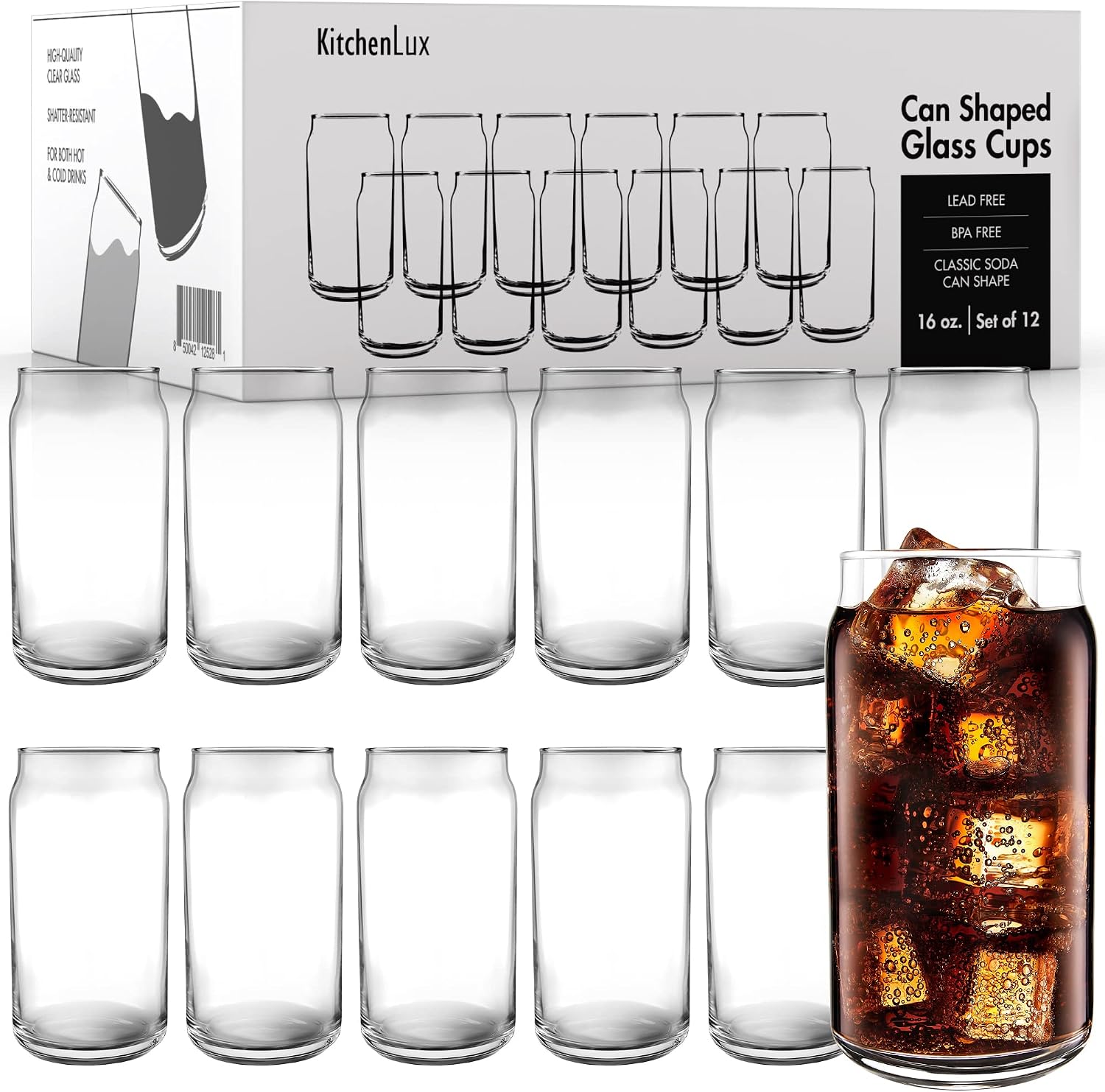 16 oz Can Shaped Glass Cups, Set of 12 Beer Can Glasses, Aesthetic Soda Can Cup Clear Glass Tumbler Beer Glasses, Cute Cups Tall Cocktail Drinkware