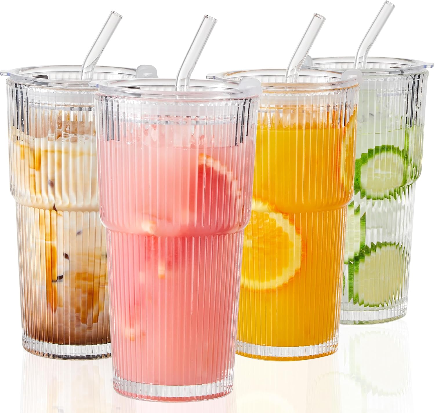 Wells 20oz Glass Cups with Lids and Straws, Ribbed Iced Coffee Cups, Thickened Drinking Glass Tumbler, Ideal for Coffee, Smoothies, Cocktails