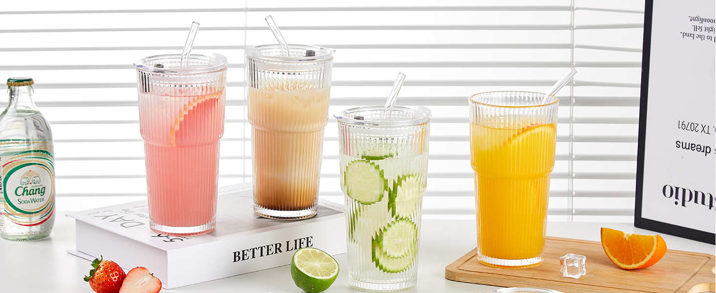 glass tumbler with straw and lid