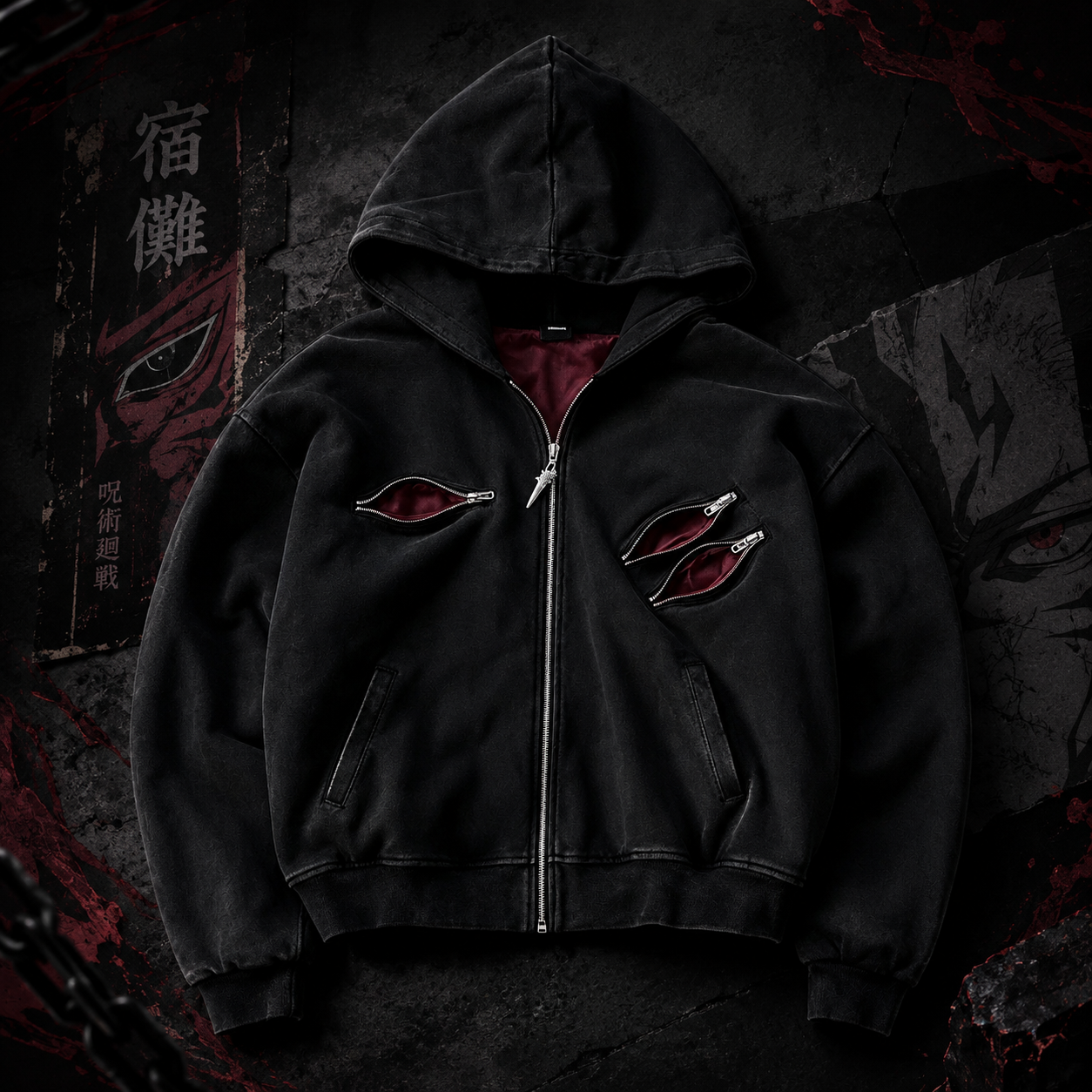 Jujutsu Kaisen Sukuna Black Multi-Zip Hoodie