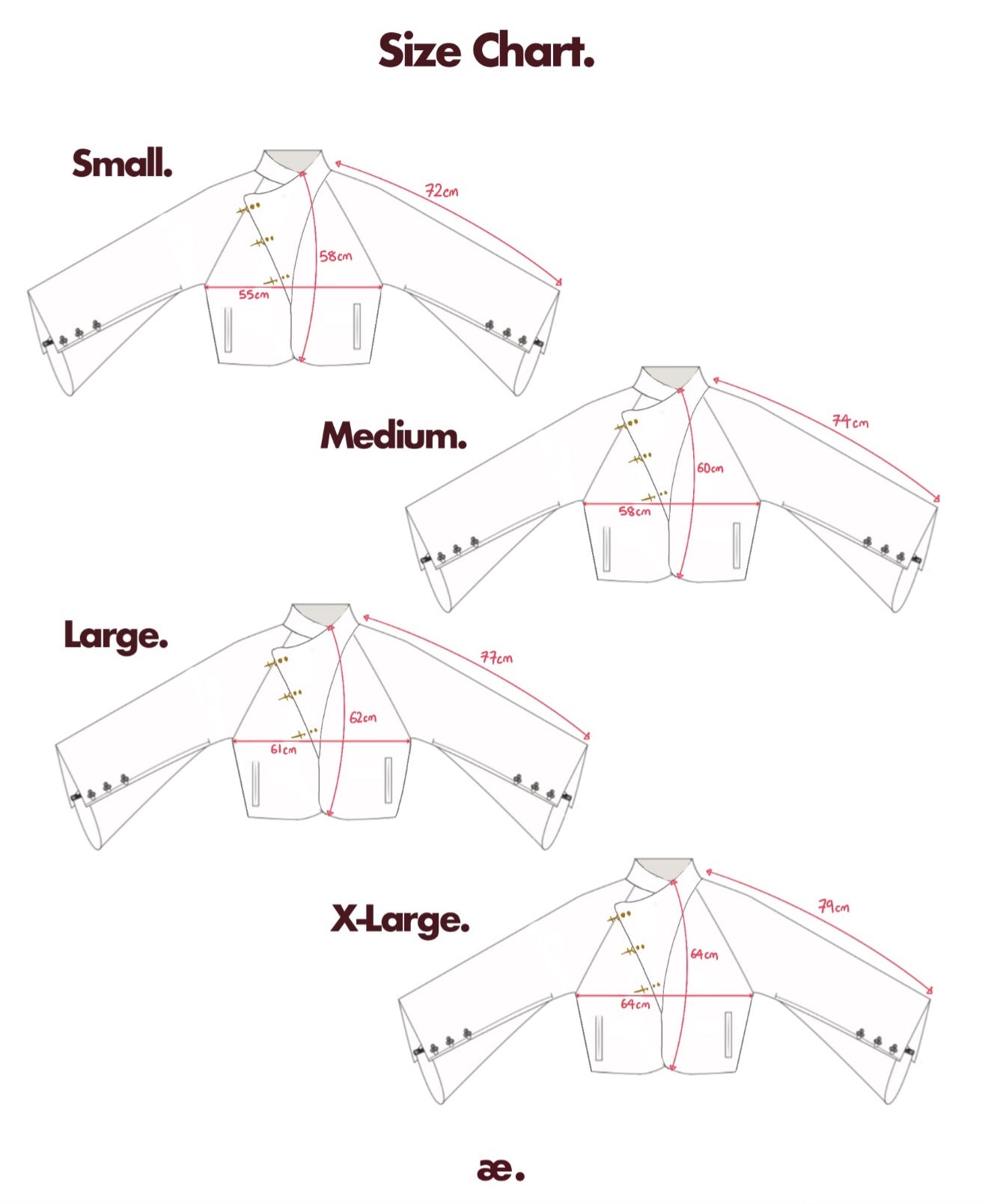 Size Chart - Technical measurements for Small, Medium, Large, and X-Large sizes