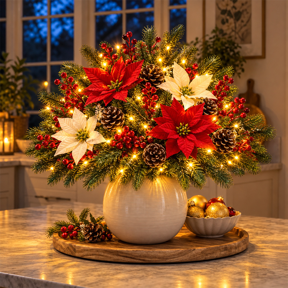 🔥2026 Christmas Sale 50% OFF | Christmas Poinsettia Pinecone Berry Artificial Arrangement with Lights