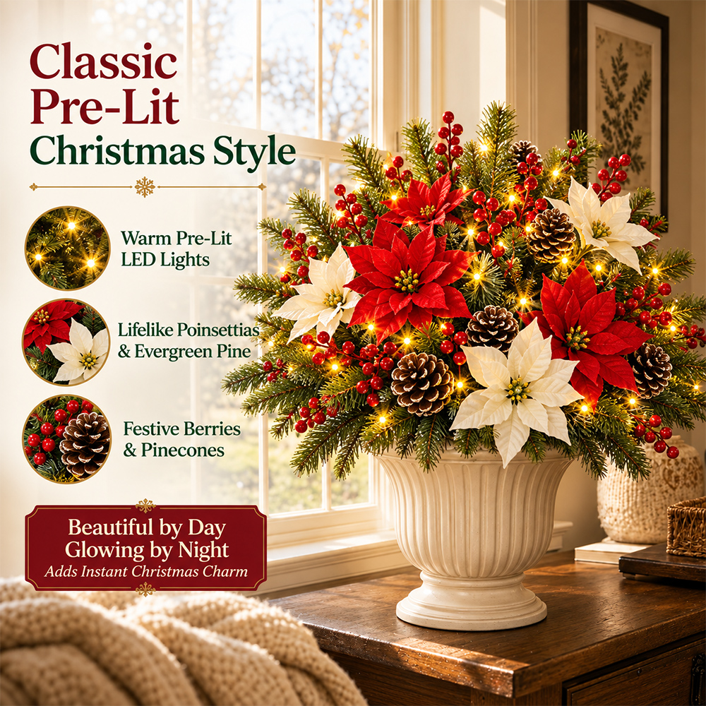 🔥2026 Christmas Sale 50% OFF | Christmas Poinsettia Pinecone Berry Artificial Arrangement with Lights