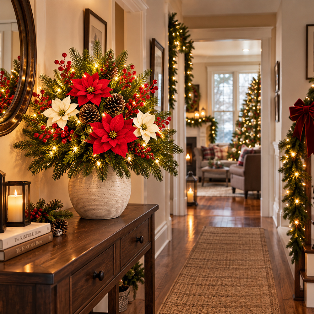 🔥2026 Christmas Sale 50% OFF | Christmas Poinsettia Pinecone Berry Artificial Arrangement with Lights