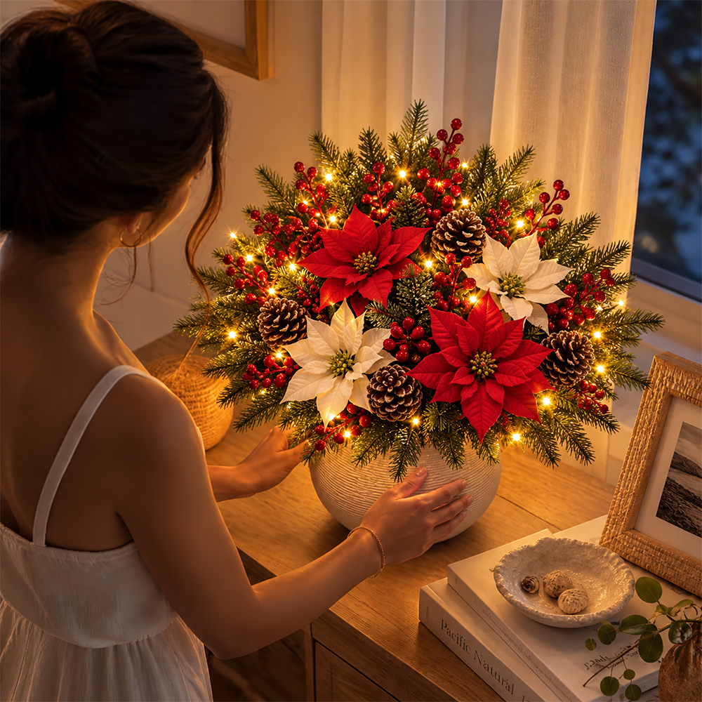 🔥2026 Christmas Sale 50% OFF | Christmas Poinsettia Pinecone Berry Artificial Arrangement with Lights