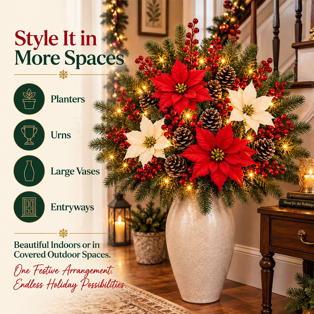 🔥2026 Christmas Sale 50% OFF | Christmas Poinsettia Pinecone Berry Artificial Arrangement with Lights