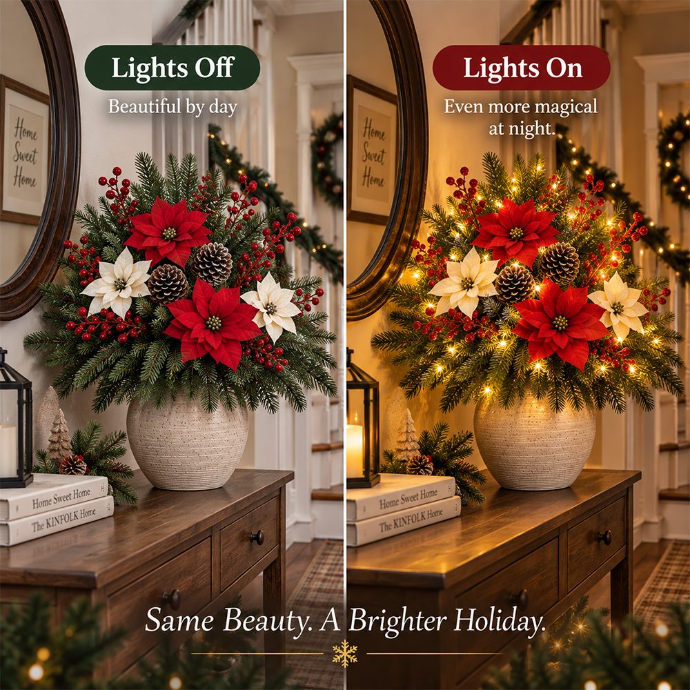 🔥2026 Christmas Sale 50% OFF | Christmas Poinsettia Pinecone Berry Artificial Arrangement with Lights