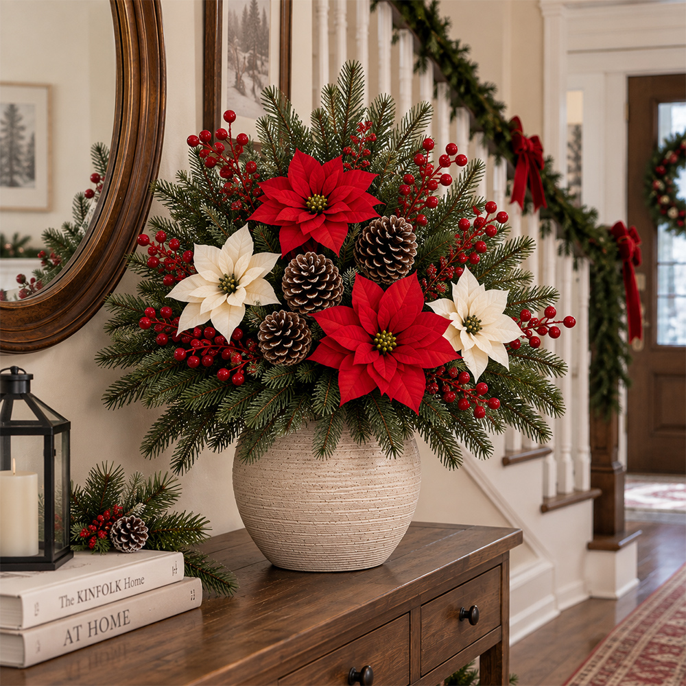 🔥2026 Christmas Sale 50% OFF | Christmas Poinsettia Pinecone Berry Artificial Arrangement with Lights
