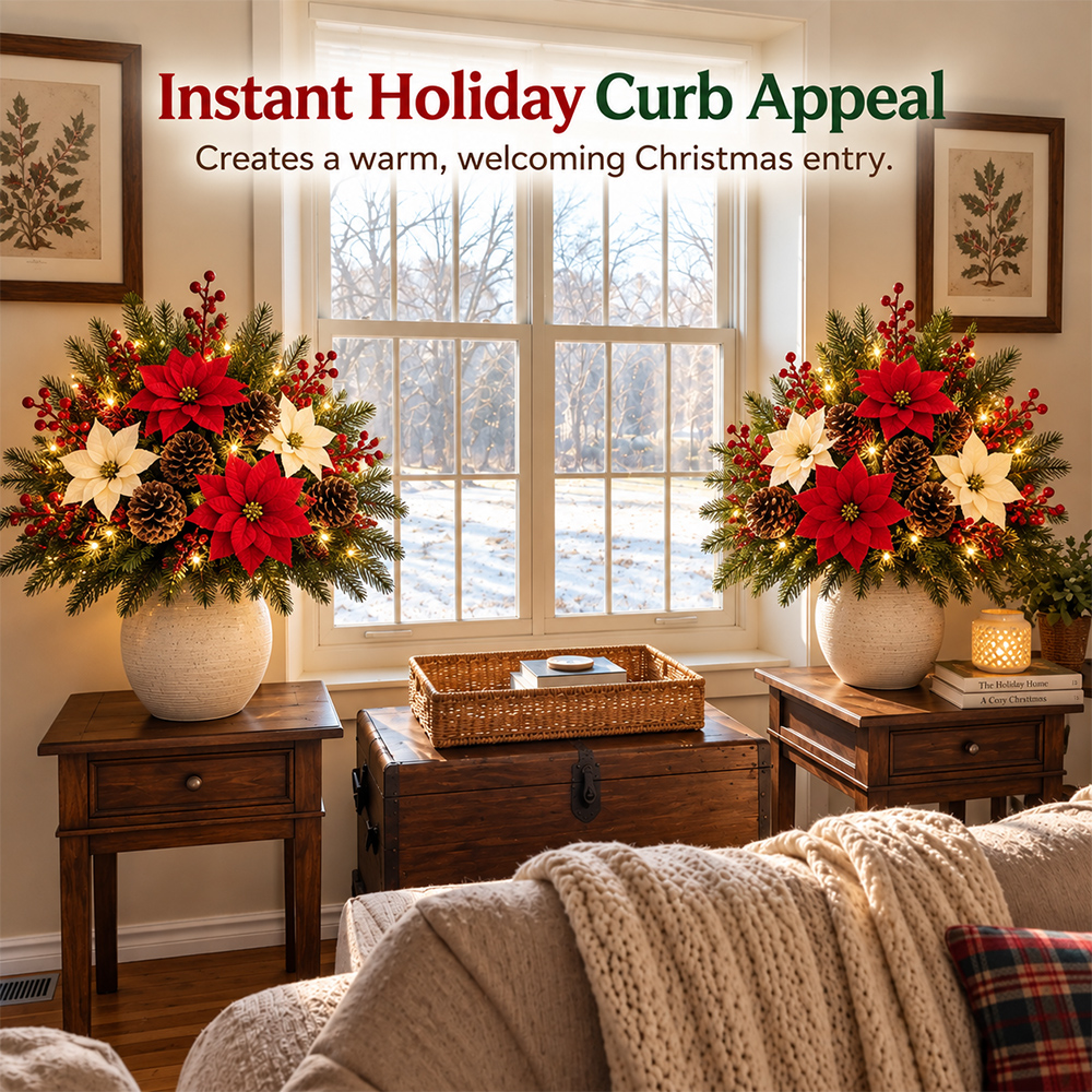 🔥2026 Christmas Sale 50% OFF | Christmas Poinsettia Pinecone Berry Artificial Arrangement with Lights