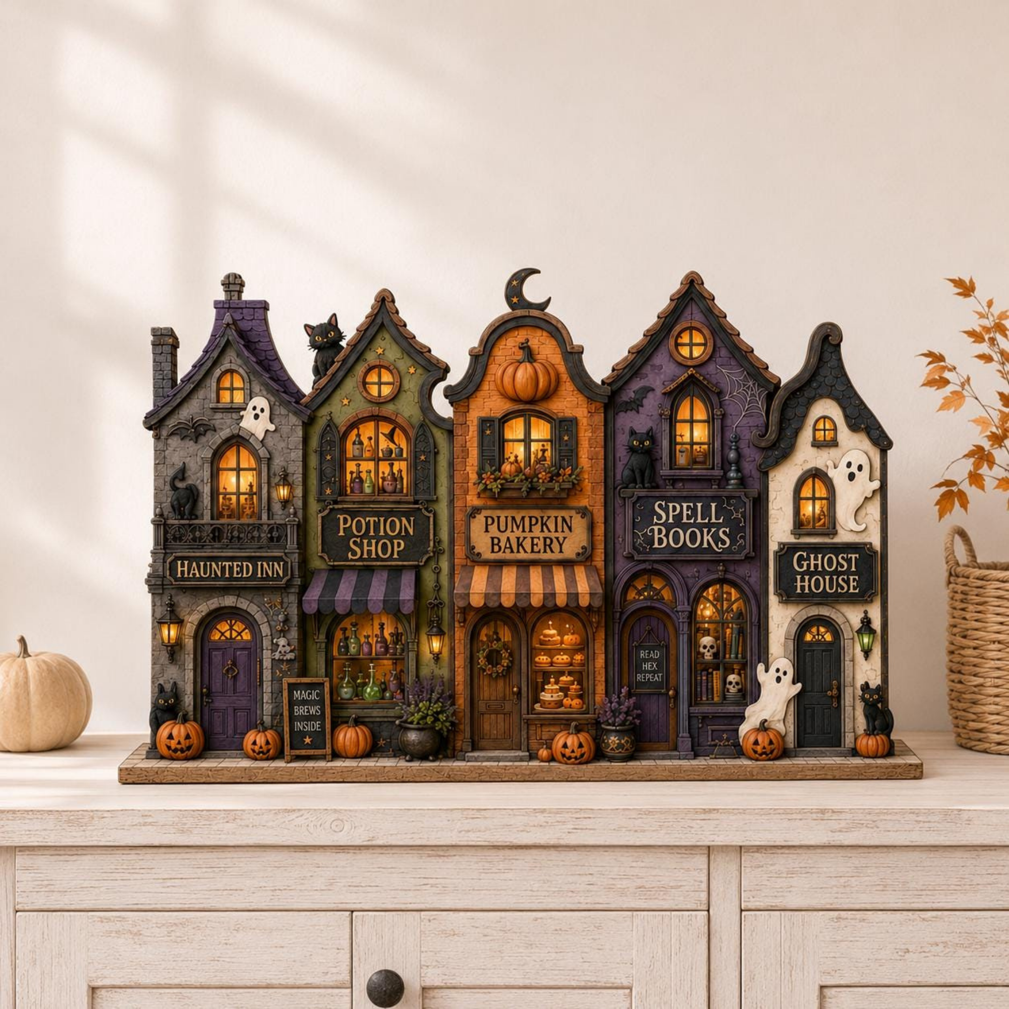  Halloween Village Street Wooden Tabletop Decor