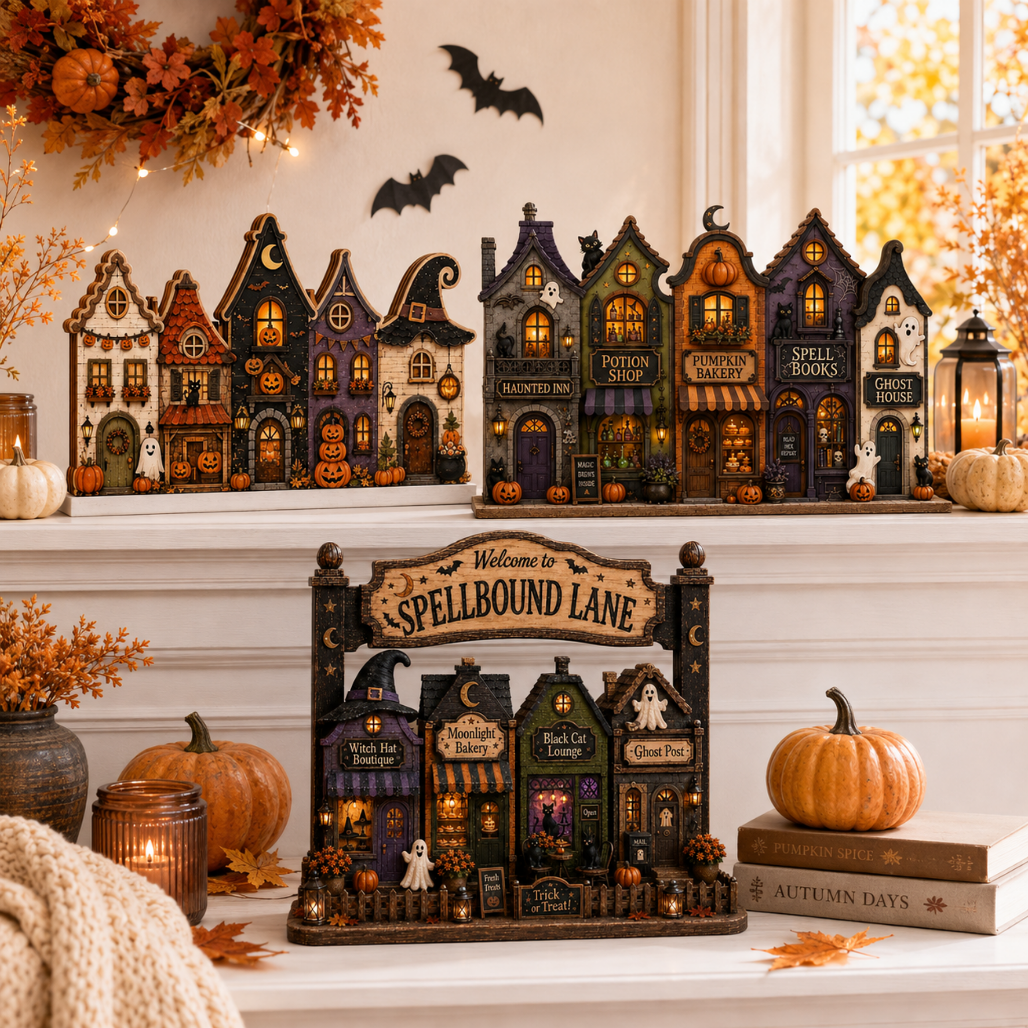  Halloween Village Street Wooden Tabletop Decor