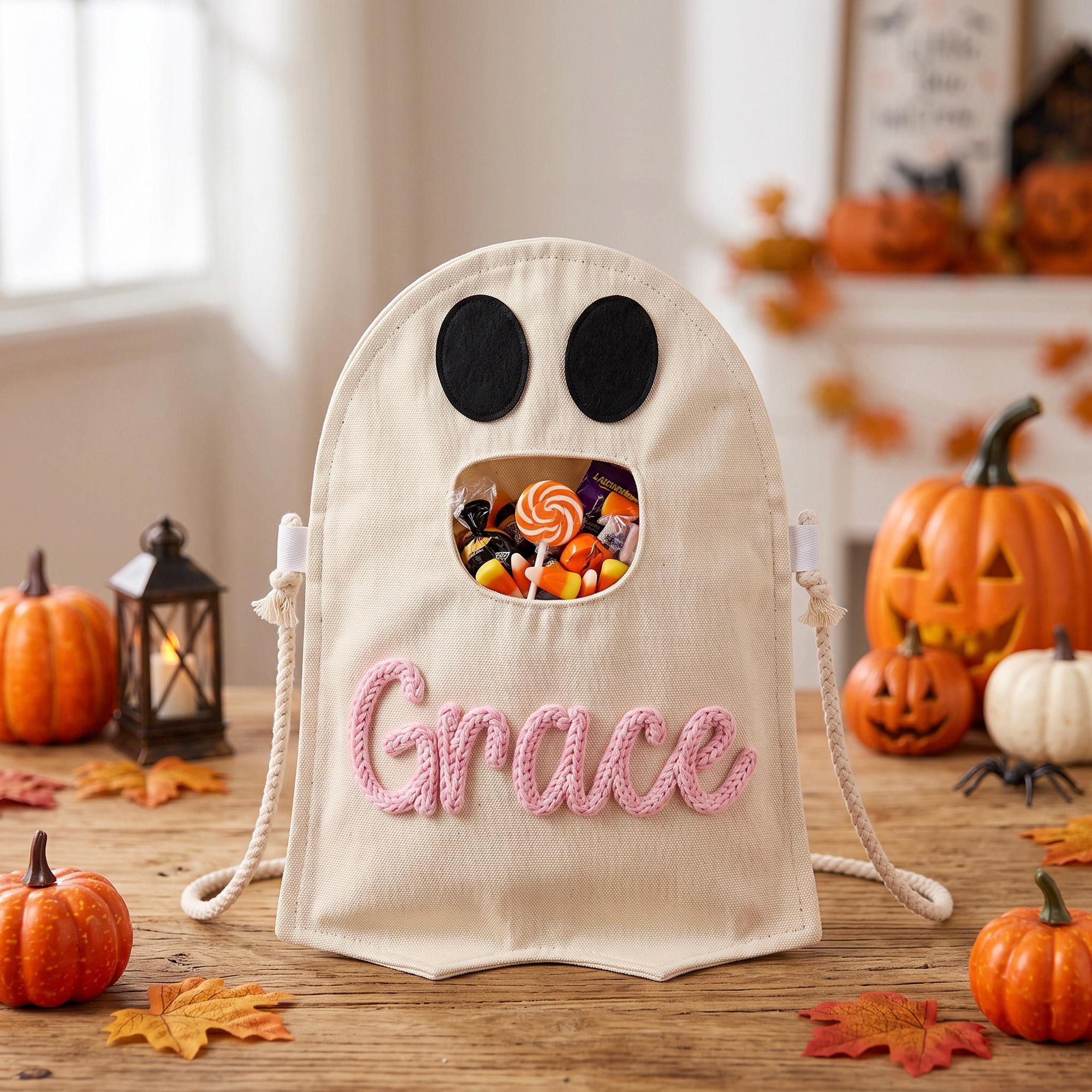 Personalized Feed The Ghost Halloween Yarn Embroidery Candy Bag