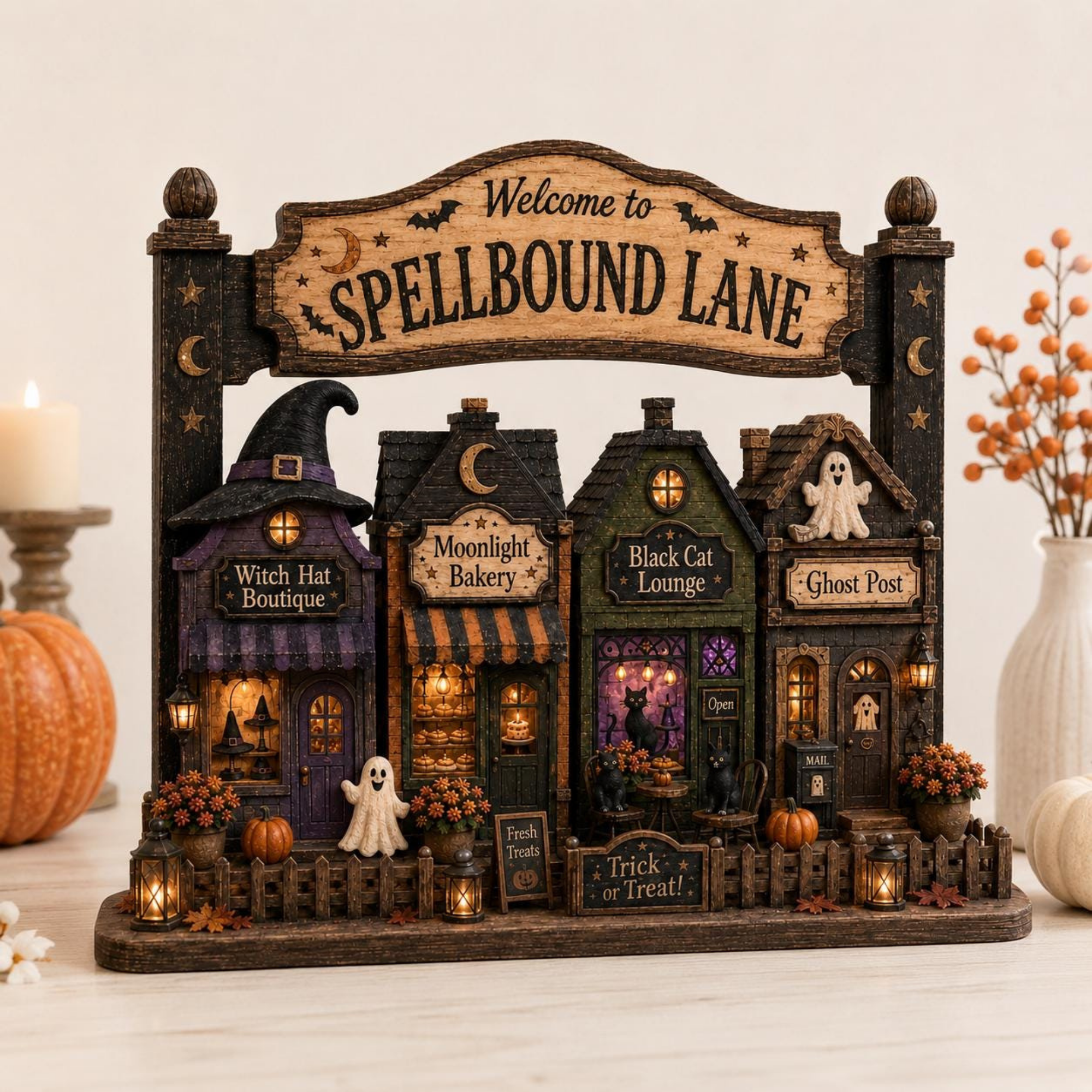  Halloween Village Street Wooden Tabletop Decor