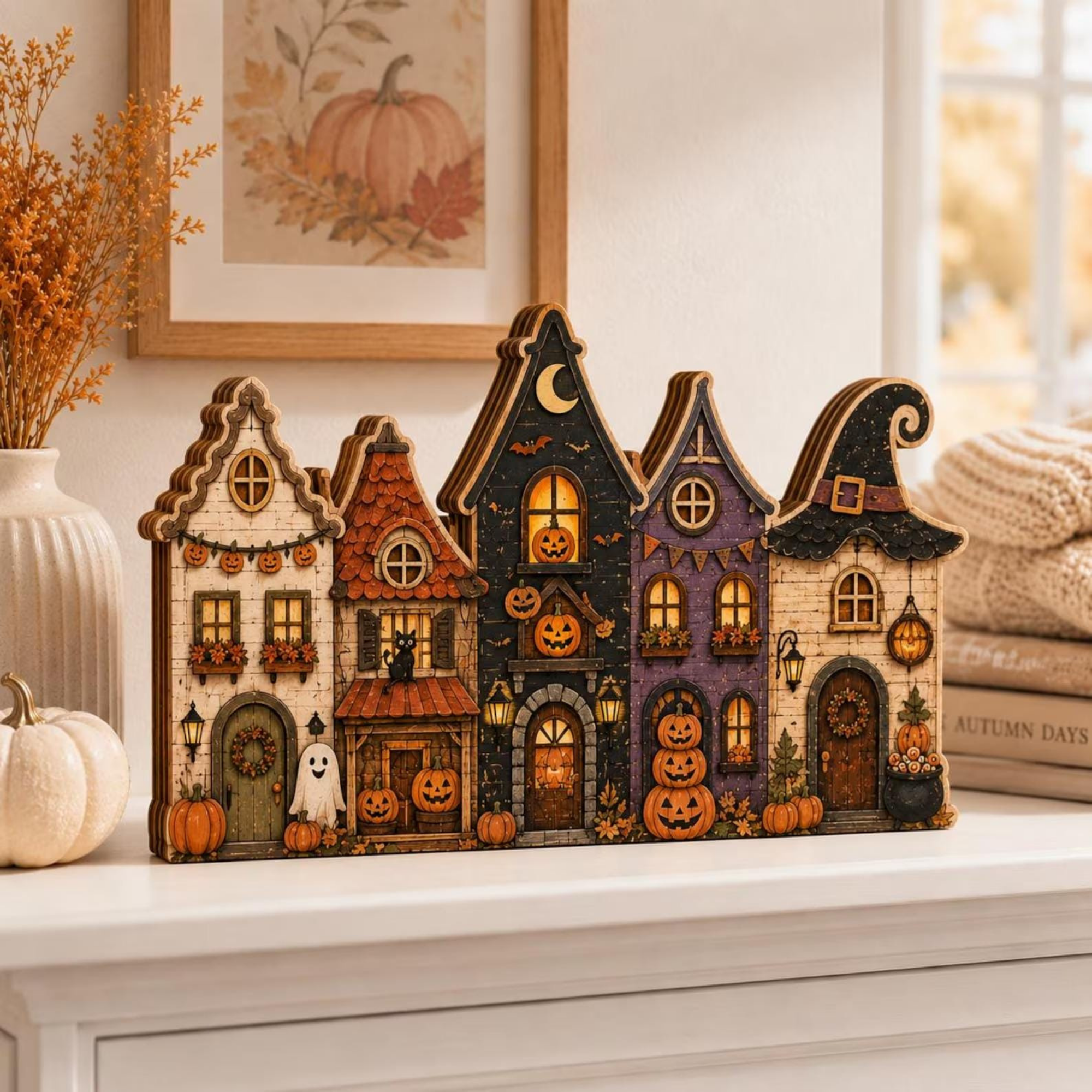  Halloween Village Street Wooden Tabletop Decor