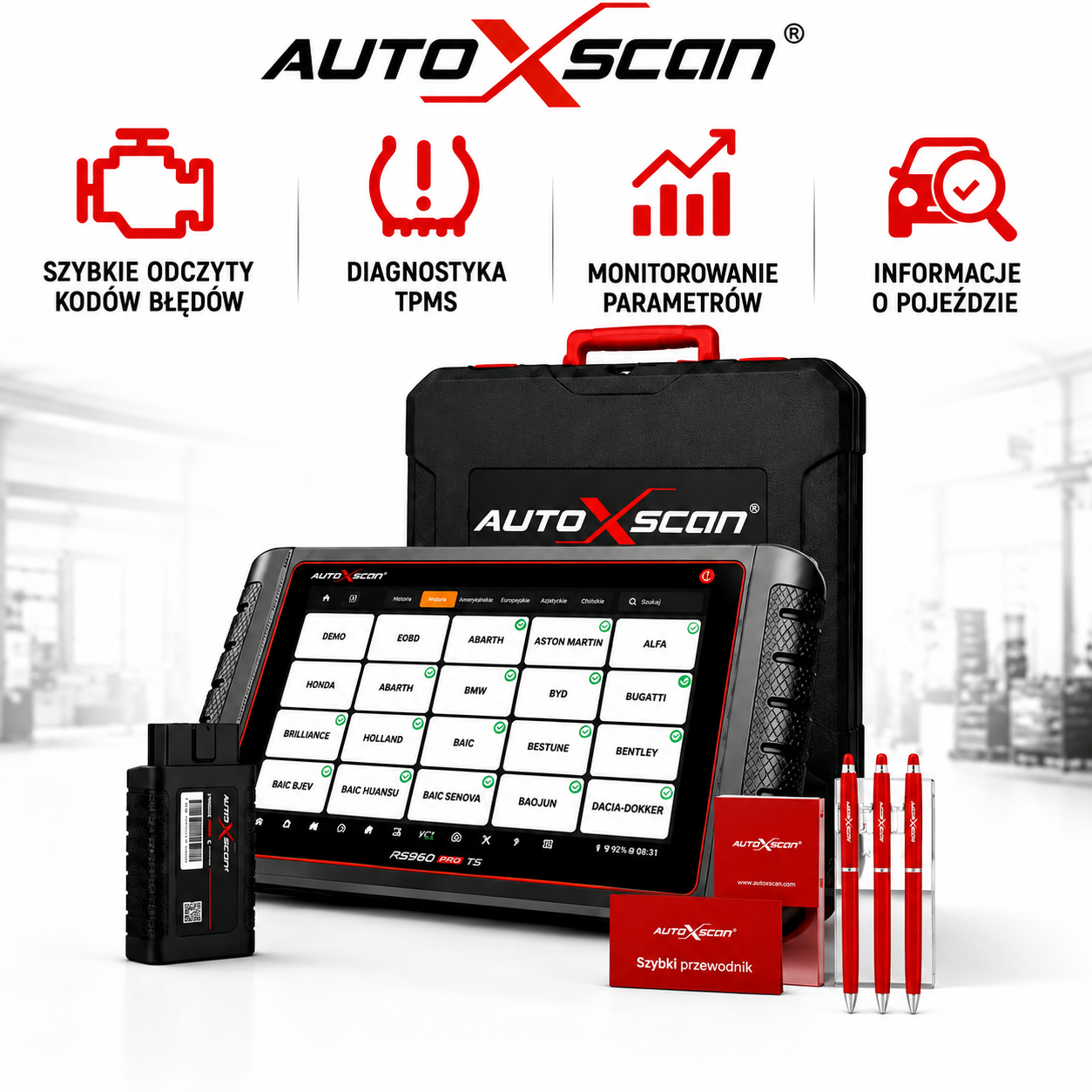 AUTOXSCAN RS960 PRO to profesjonalne urządzenie do diagnostyki samochodowej, które obsługuje pełne skanowanie systemów, analizę usterek oraz diagnostykę i programowanie TPMS, umożliwiając szybkie i precyzyjne wykrywanie oraz usuwanie usterek w pojazdach.