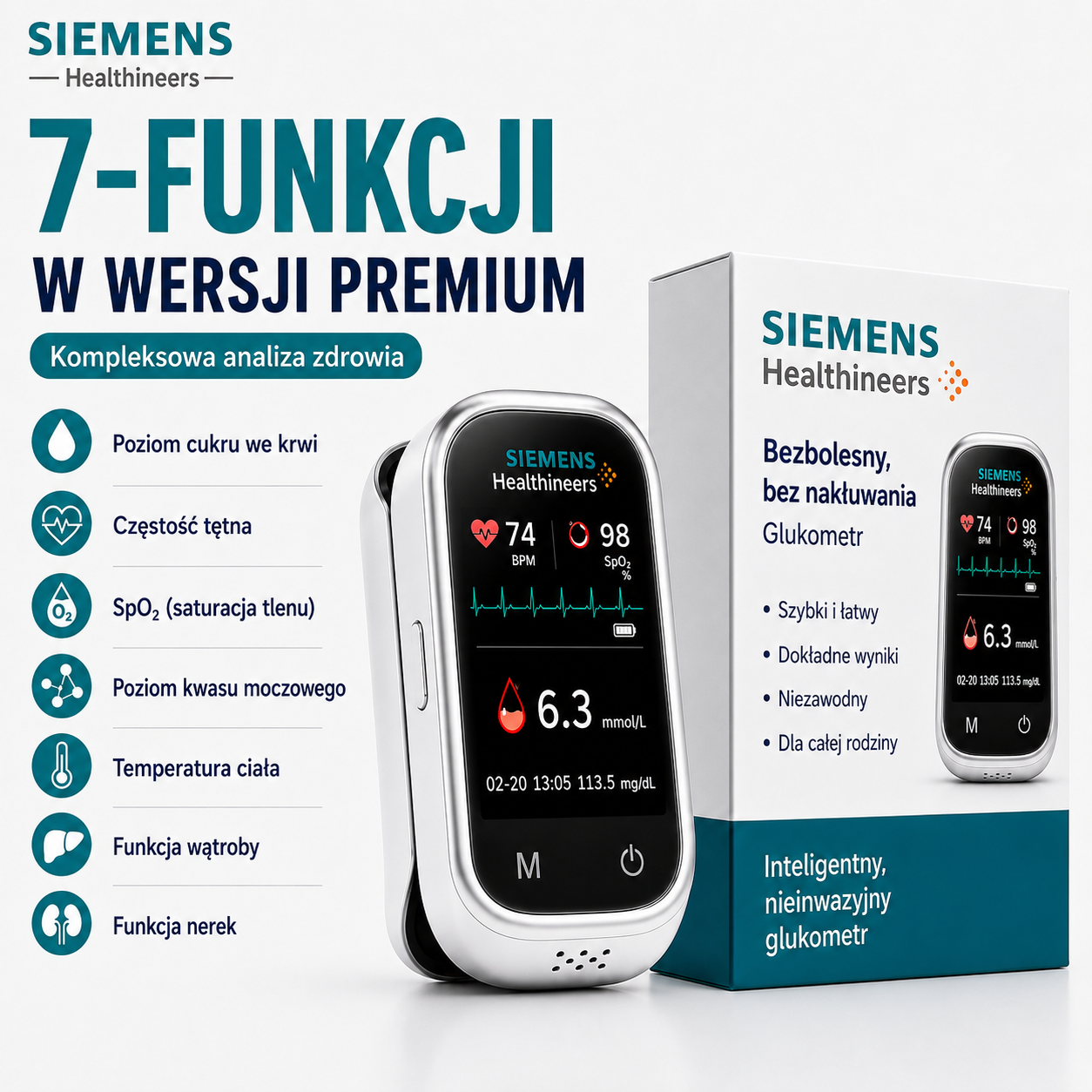 🩸 Siemens™ 11w1 bezinwazyjny glukometr Bez nakłuwania • Bez pasków testowych • Wynik już w 5 sekund