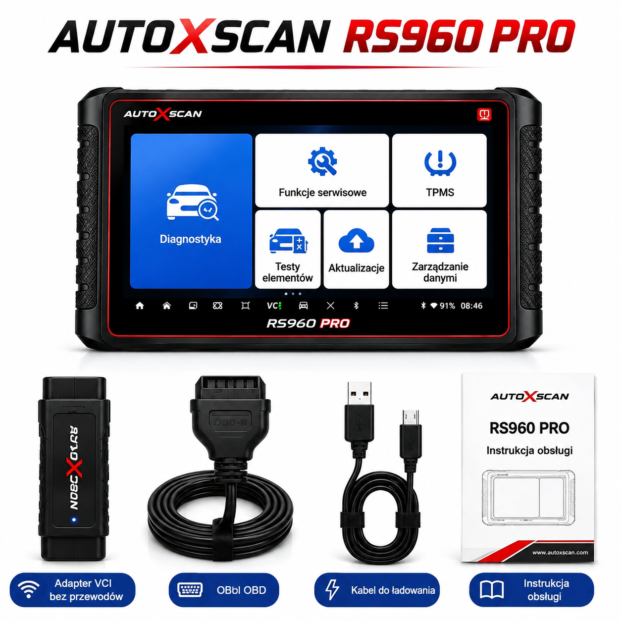 AUTOXSCAN RS960 PRO to profesjonalne urządzenie do diagnostyki samochodowej, które obsługuje pełne skanowanie systemów, analizę usterek oraz diagnostykę i programowanie TPMS, umożliwiając szybkie i precyzyjne wykrywanie oraz usuwanie usterek w pojazdach.