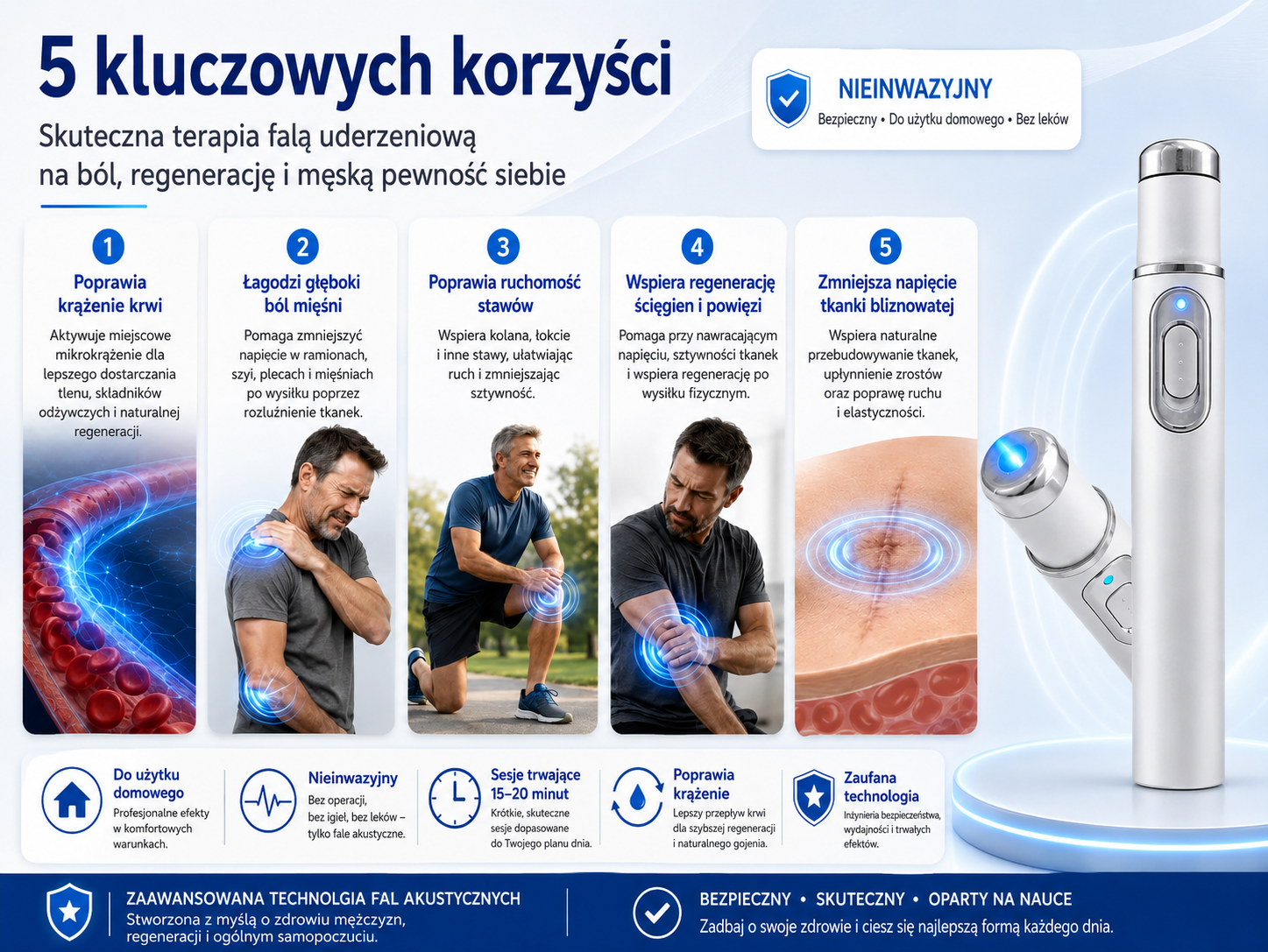 Zaawansowana terapia falą akustyczną wspiera zdrowie tkanek prącia, poprawia twardość erekcji, wytrzymałość oraz pewność siebie mężczyzn, jednocześnie pomagając łagodzić ból mięśni, sztywność stawów i dolegliwości ścięgien.