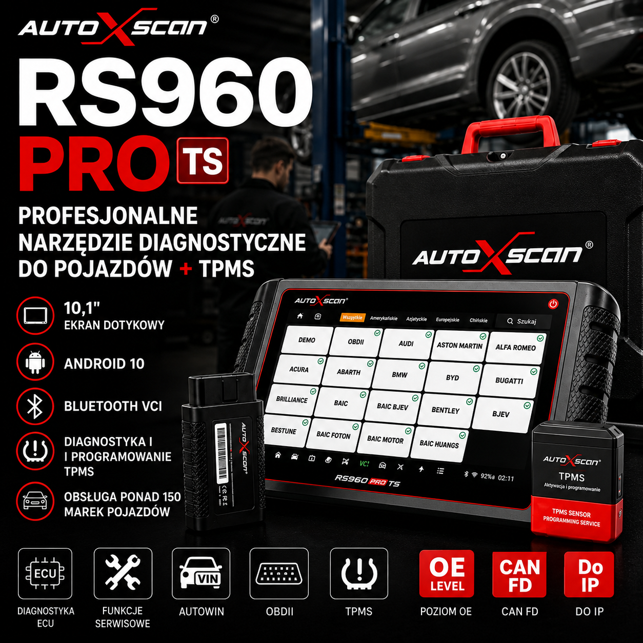 AUTOXSCAN RS960 PRO to profesjonalne urządzenie do diagnostyki samochodowej, które obsługuje pełne skanowanie systemów, analizę usterek oraz diagnostykę i programowanie TPMS, umożliwiając szybkie i precyzyjne wykrywanie oraz usuwanie usterek w pojazdach.