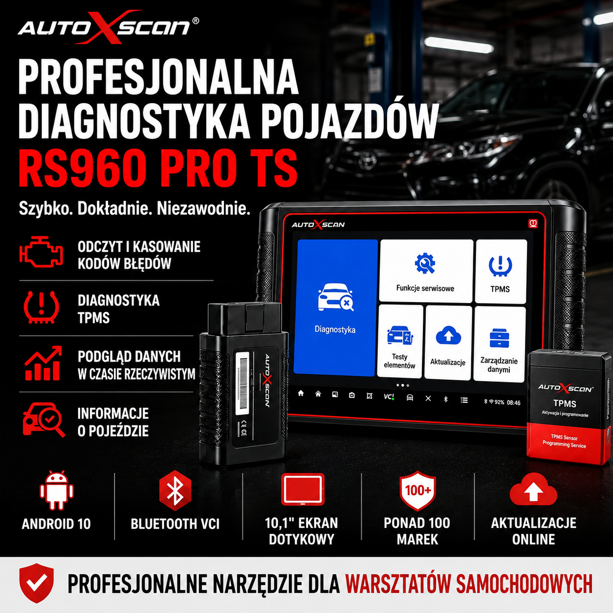 AUTOXSCAN RS960 PRO to profesjonalne urządzenie do diagnostyki samochodowej, które obsługuje pełne skanowanie systemów, analizę usterek oraz diagnostykę i programowanie TPMS, umożliwiając szybkie i precyzyjne wykrywanie oraz usuwanie usterek w pojazdach.