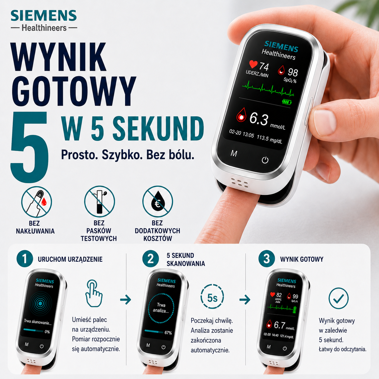 🩸 Siemens™ 11w1 bezinwazyjny glukometr Bez nakłuwania • Bez pasków testowych • Wynik już w 5 sekund