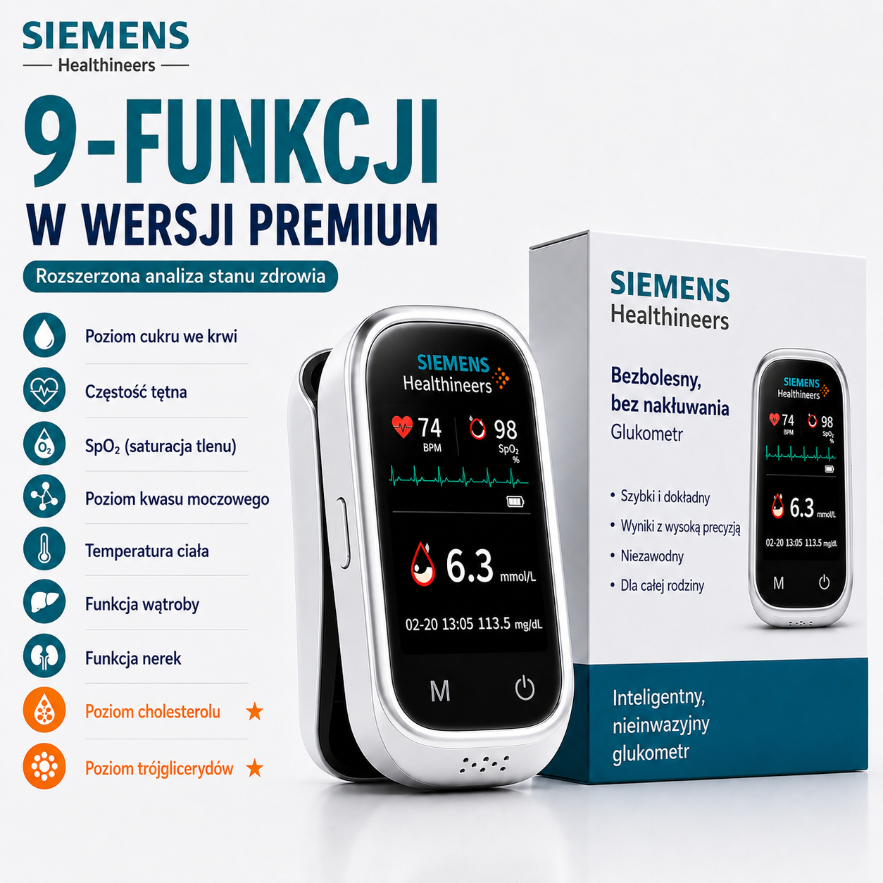 🩸 Siemens™ 11w1 bezinwazyjny glukometr Bez nakłuwania • Bez pasków testowych • Wynik już w 5 sekund
