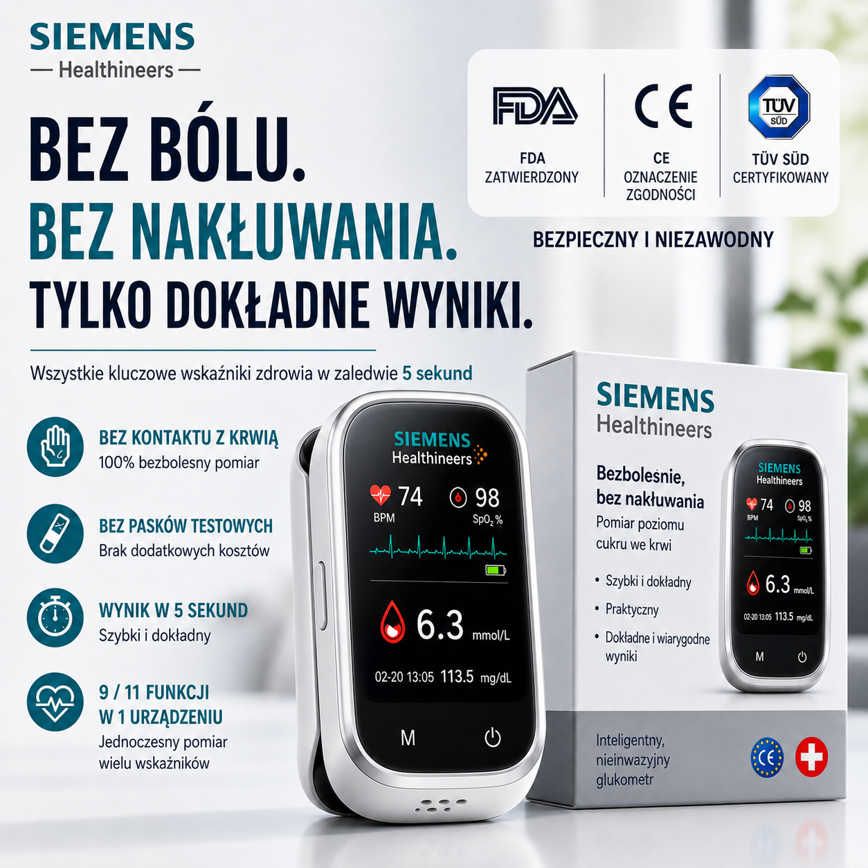 🩸 Siemens™ 11w1 bezinwazyjny glukometr Bez nakłuwania • Bez pasków testowych • Wynik już w 5 sekund