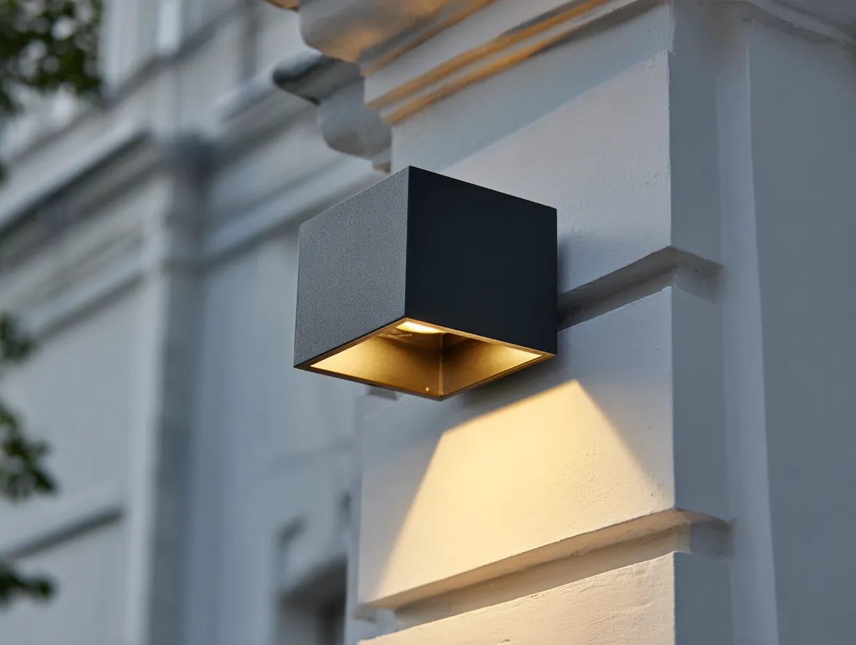 Lampada da parete per esterni 18×16×20 cm – nero/oro – forma cubica con illuminazione inferiore-Coradwell
