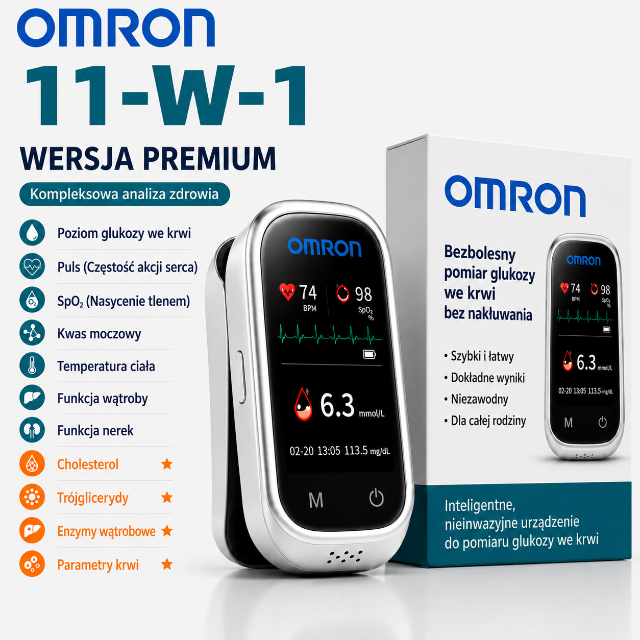 🩸 Omron™ 11-w-1 bezigłowy glukometr • Bez nakłuwania • Bez pasków testowych • Wyniki w zaledwie 5 sekund