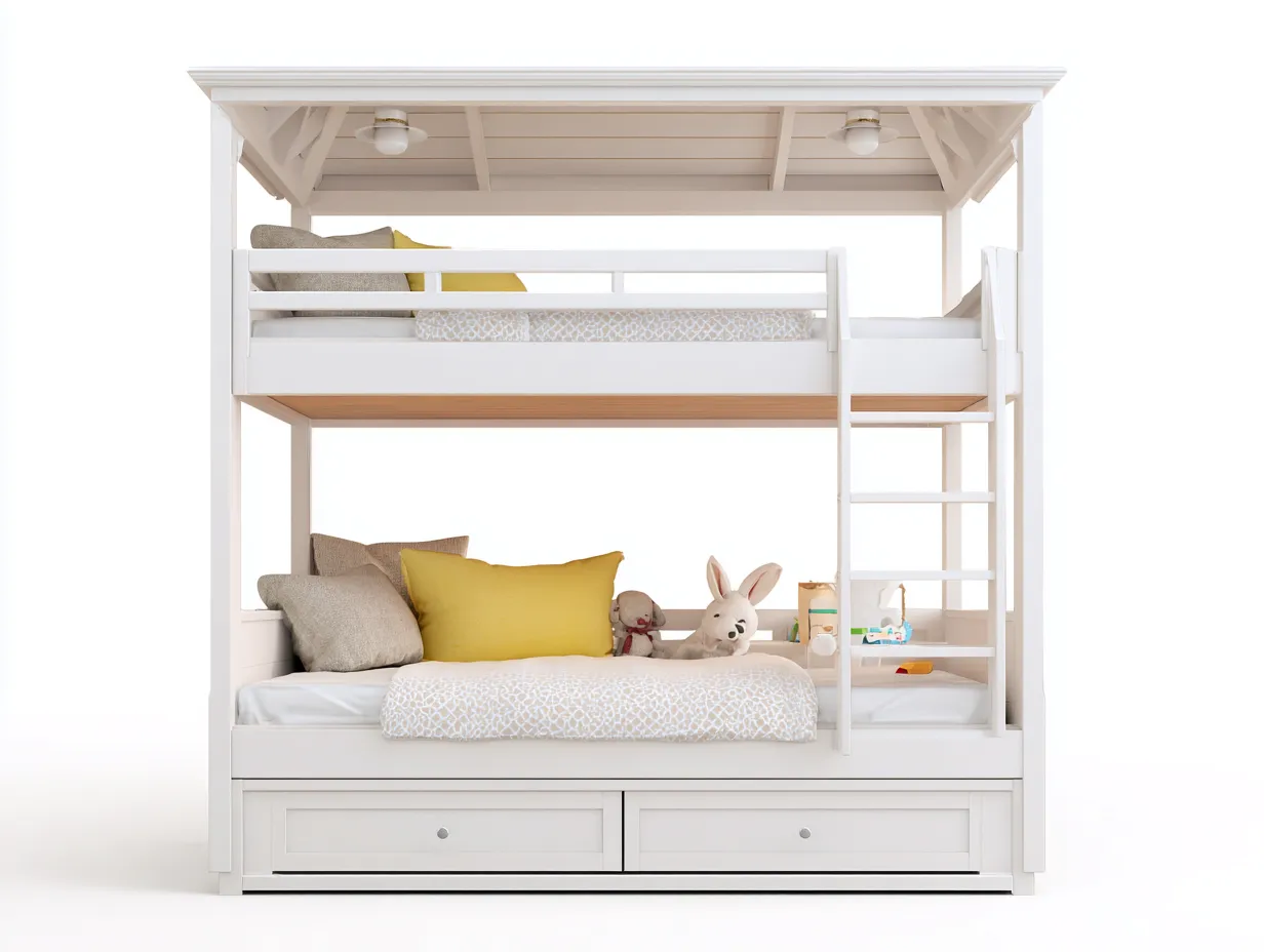 Lit superposé en bois 210×110×210 cm - blanc - toit décoratif avec rangement-Lanapahome