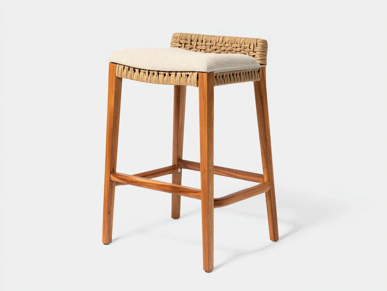 Tabouret de bar en bois et tissu 46×43×92 cm - beige/bois naturel - dossier tressé pour balcon-Lanapahome