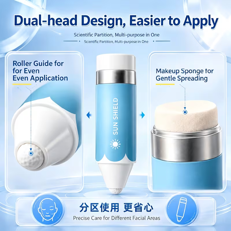 Refillable dual-ended sunscreen stick with roller and sponge applicator—portable, hands-free, and mess-free—ideal for beach and outdoor use.