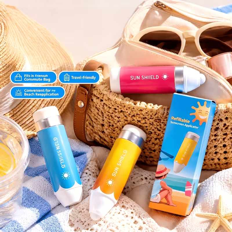 Refillable dual-ended sunscreen stick with roller and sponge applicator—portable, hands-free, and mess-free—ideal for beach and outdoor use.