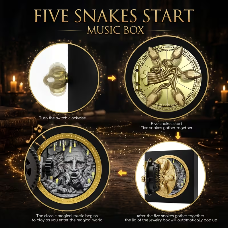 Vintage Wind-up Mechanical Music Box with LED Cave Light and Sound Effects – Retro Black-and-Gold Snake Theme; suitable for bookshelf or study decor; a collectible plastic gift ideal for home and desktop display.