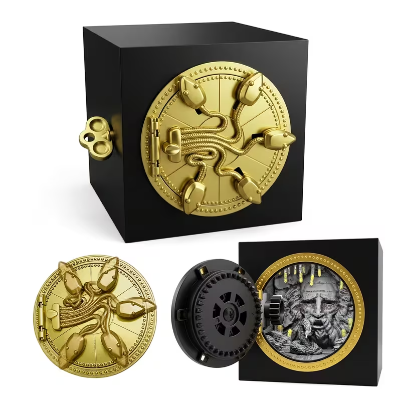 Vintage Wind-up Mechanical Music Box with LED Cave Light and Sound Effects – Retro Black-and-Gold Snake Theme; suitable for bookshelf or study decor; a collectible plastic gift ideal for home and desktop display.