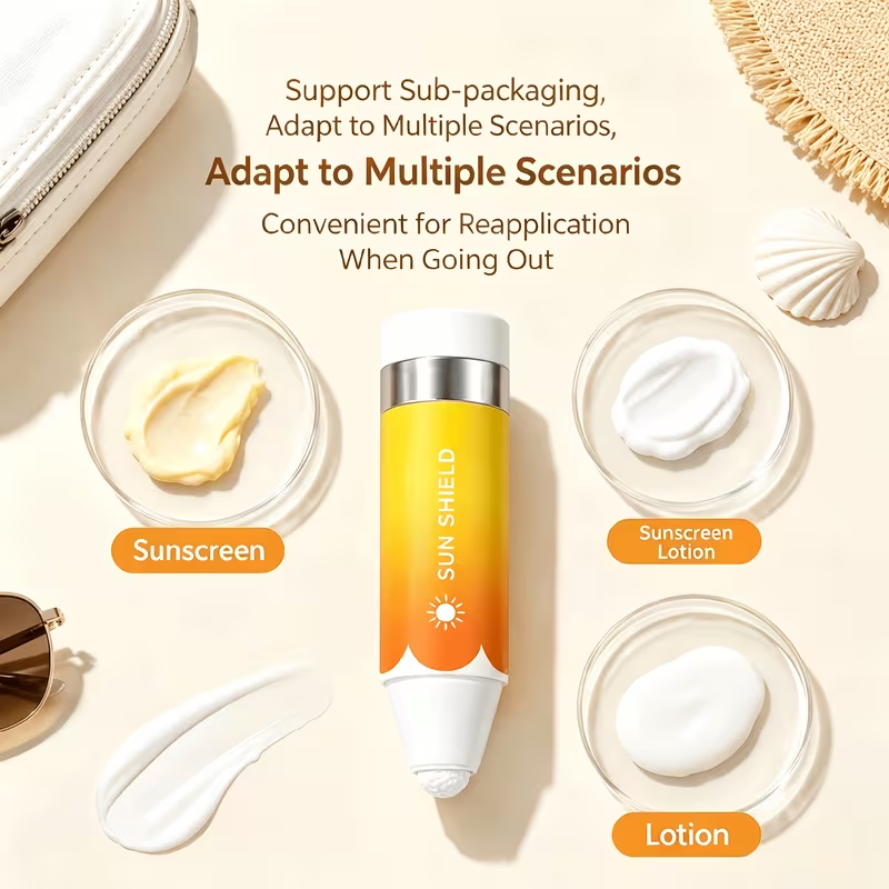 Refillable dual-ended sunscreen stick with roller and sponge applicator—portable, hands-free, and mess-free—ideal for beach and outdoor use.