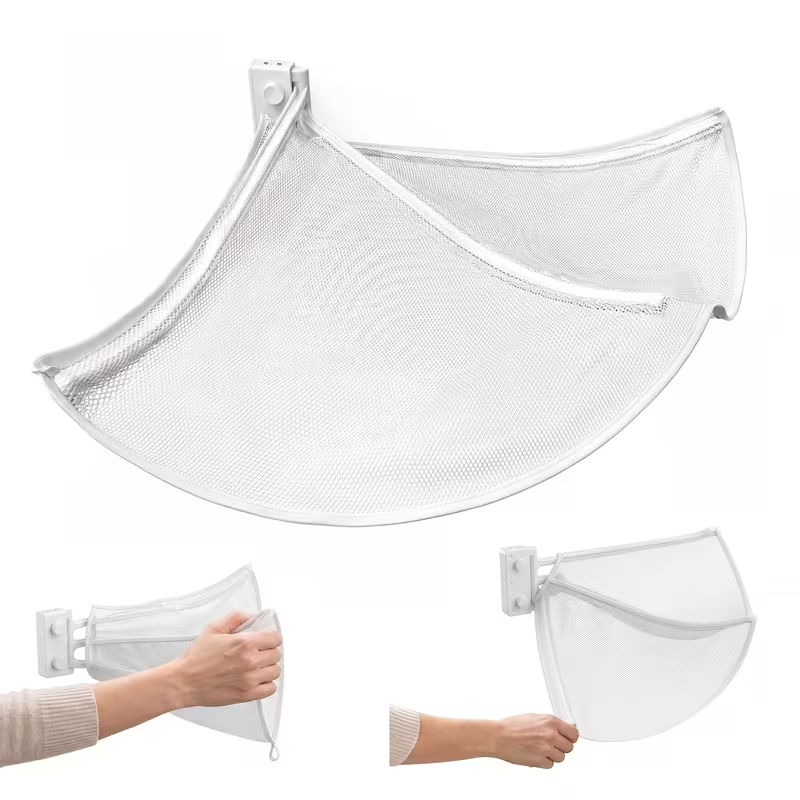 Foldable, front-loading washing machine laundry catch net (prevents dropped clothes); wall-mounted laundry basket; eliminates the need to bend down; protects laundry from dirty floors; dedicated laundry holder for front-load washers.