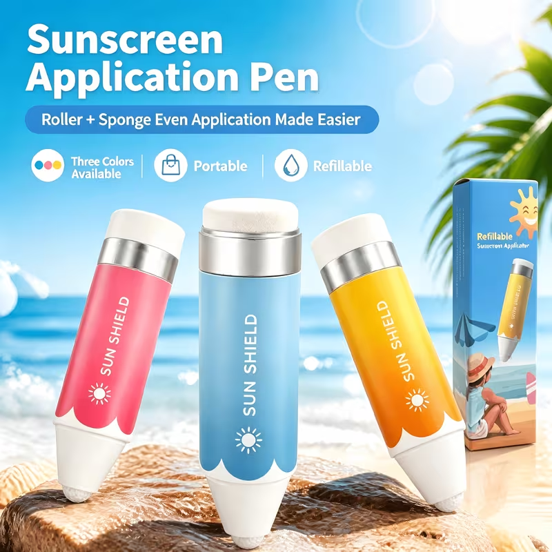 Refillable dual-ended sunscreen stick with roller and sponge applicator—portable, hands-free, and mess-free—ideal for beach and outdoor use.