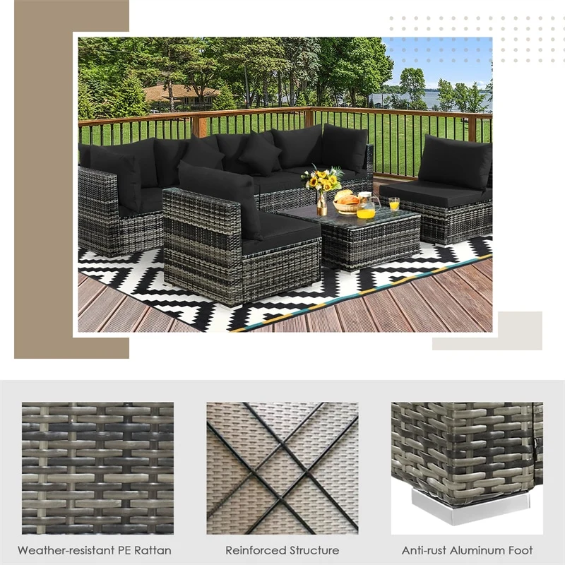 Eletriclife 7 Pcs Rattan Sectional Sofa Set with Cushions & Coffee Table