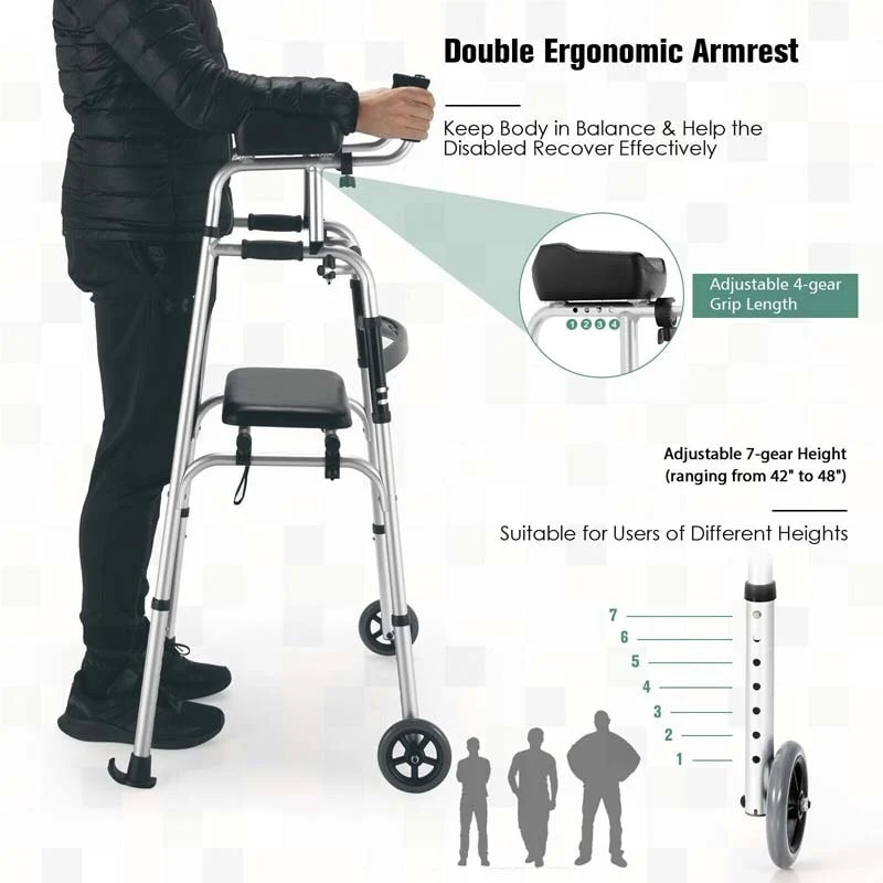 Eletriclife Height Adjustable Rolling Walker With Seat and Armrest Pad