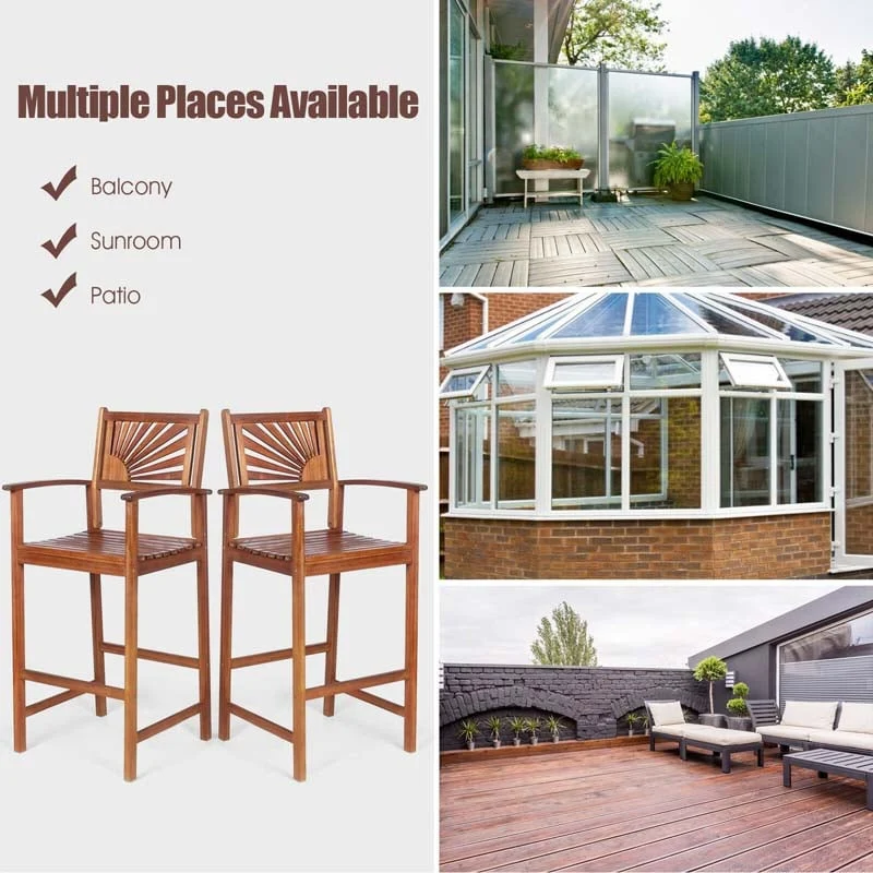 Eletriclife 2 Pieces Outdoor Acacia Wood Bar Chairs with Sunflower Backrest and Armrests