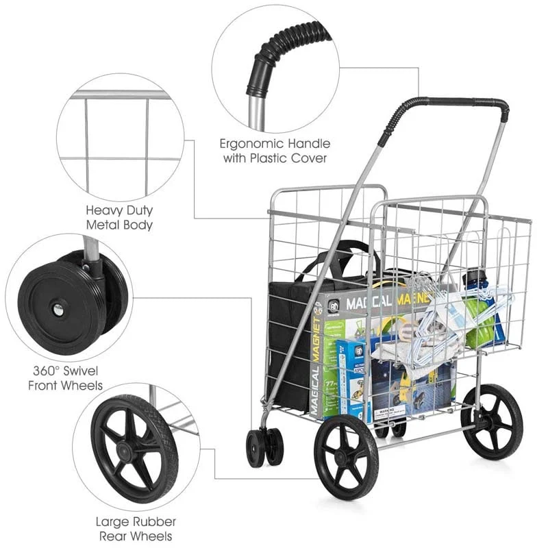Eletriclife Folding Shopping Cart with Swiveling Wheels and Dual Storage Baskets