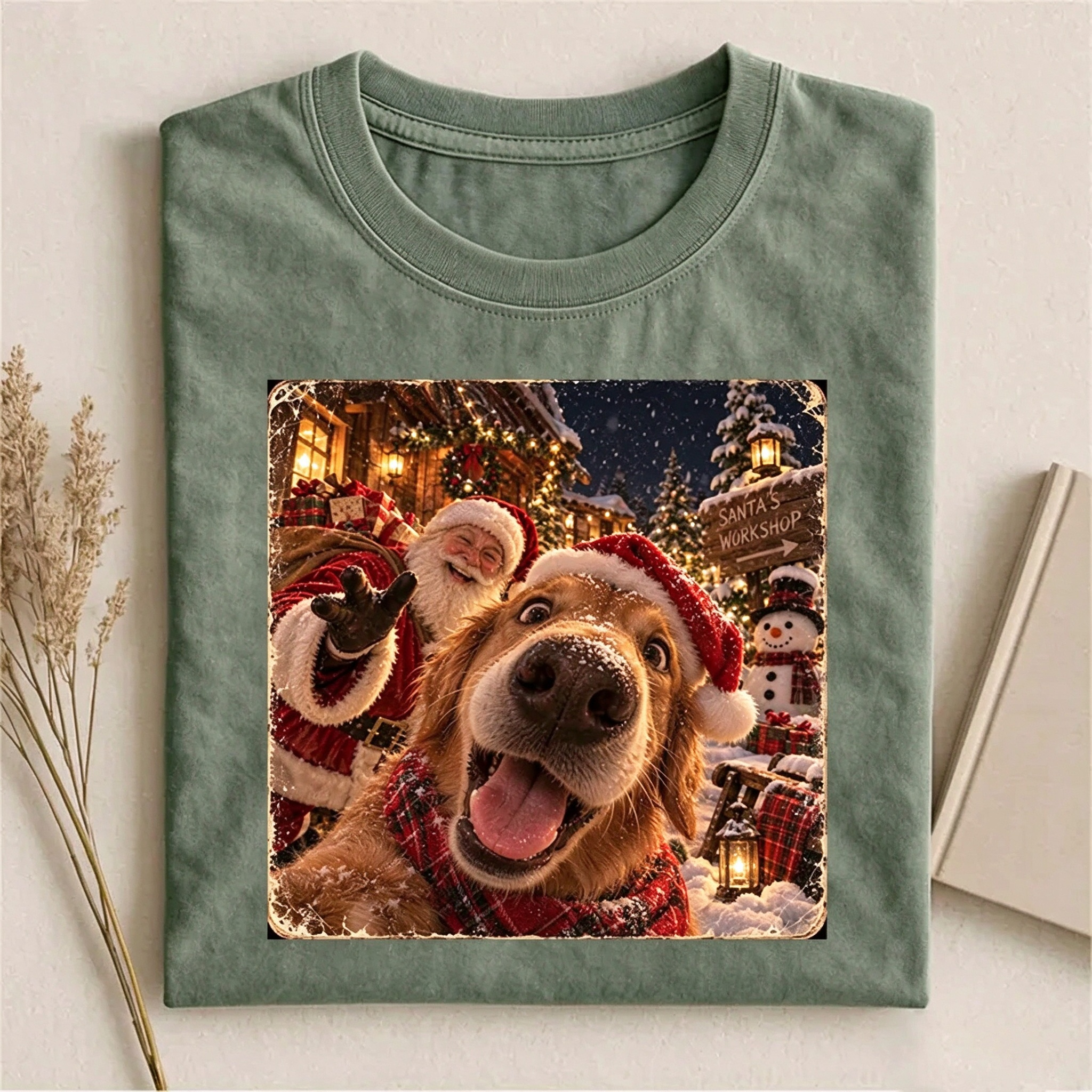 Golden Retriever Dog Santa Selfie T-shirt