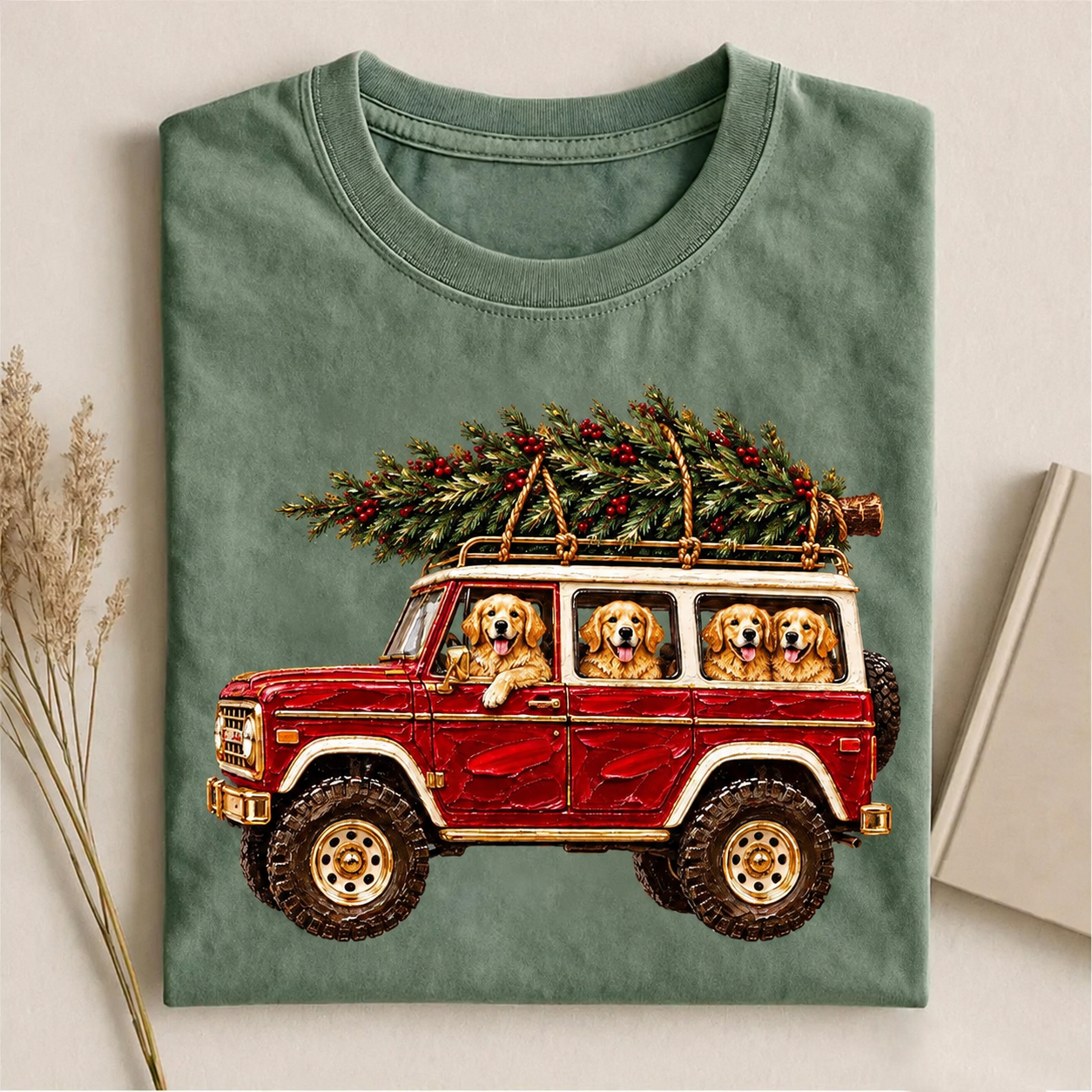 Golden Retriever Jeep Christmas Tree T-shirt