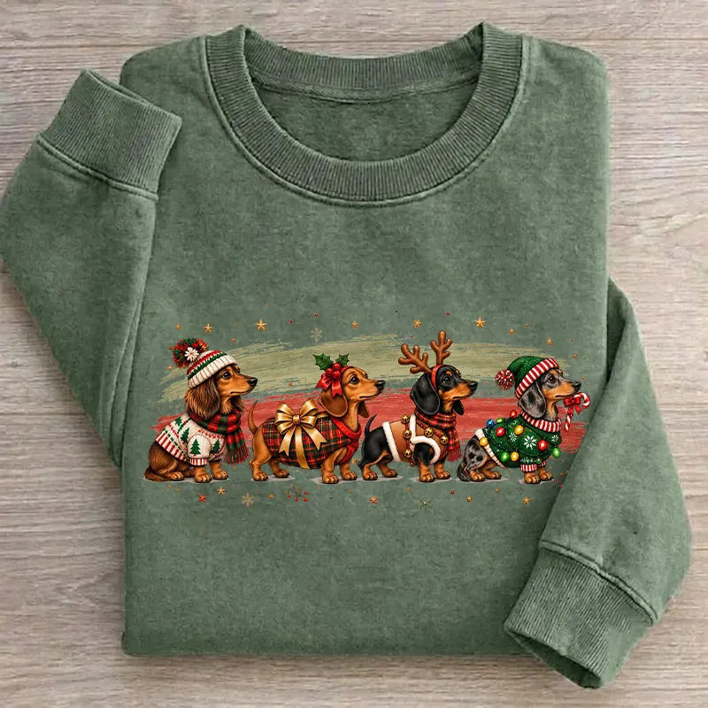 Festive Dachshund Christmas Crew Graphic Sweatshirt