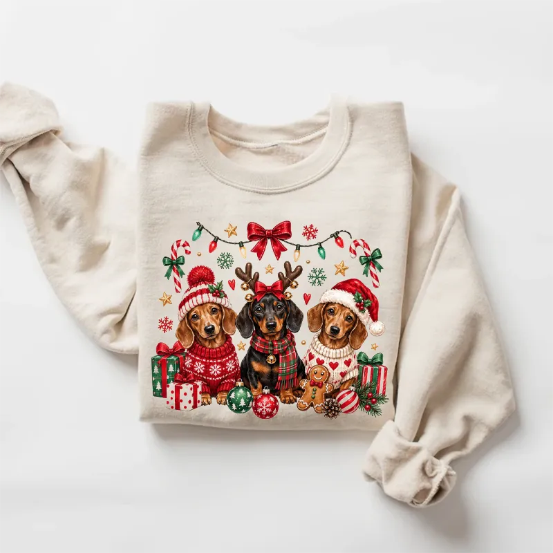 Cute Christmas Three Dachshunds Graphic Sweatshirt