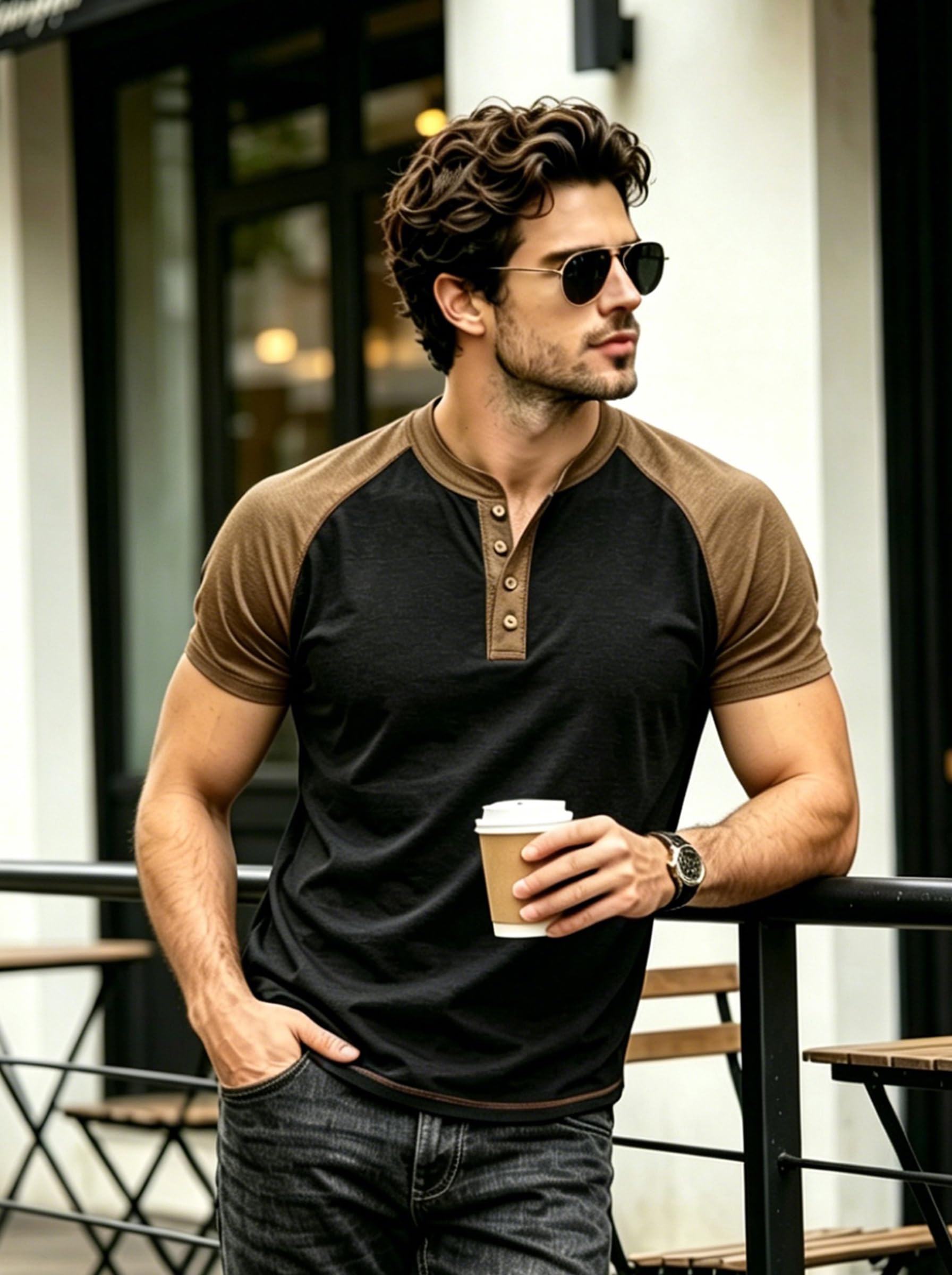 Men's Fashionable Casual Versatile Color-blocked Raglan Sleeve Henley Shirt