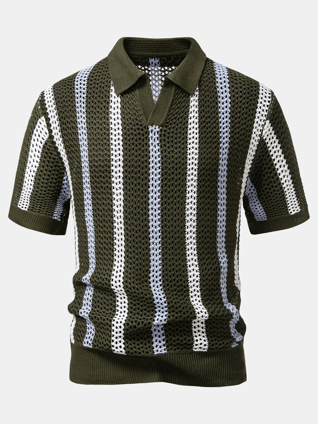 Striped Crochet V Neck Polo & Straight Leg Linen Pants