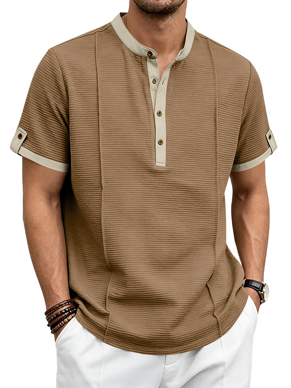 Men's Retro Textured Vacation Casual Henley Short Sleeve Shirt