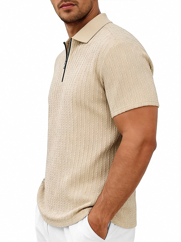 Men's Striped Jacquard Zip Up Short Sleeved  Polo Shirt